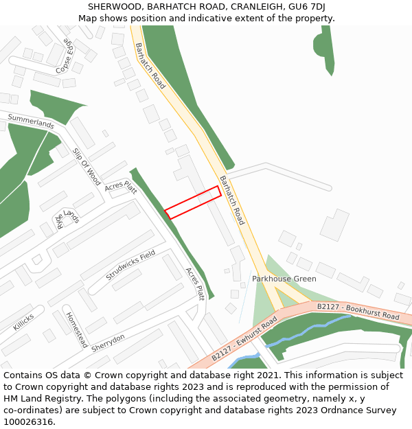 SHERWOOD, BARHATCH ROAD, CRANLEIGH, GU6 7DJ: Location map and indicative extent of plot