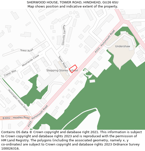 SHERWOOD HOUSE, TOWER ROAD, HINDHEAD, GU26 6SU: Location map and indicative extent of plot