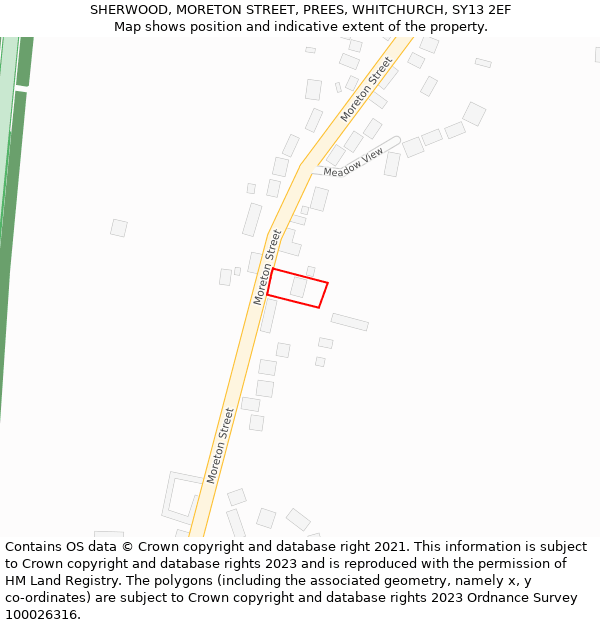 SHERWOOD, MORETON STREET, PREES, WHITCHURCH, SY13 2EF: Location map and indicative extent of plot