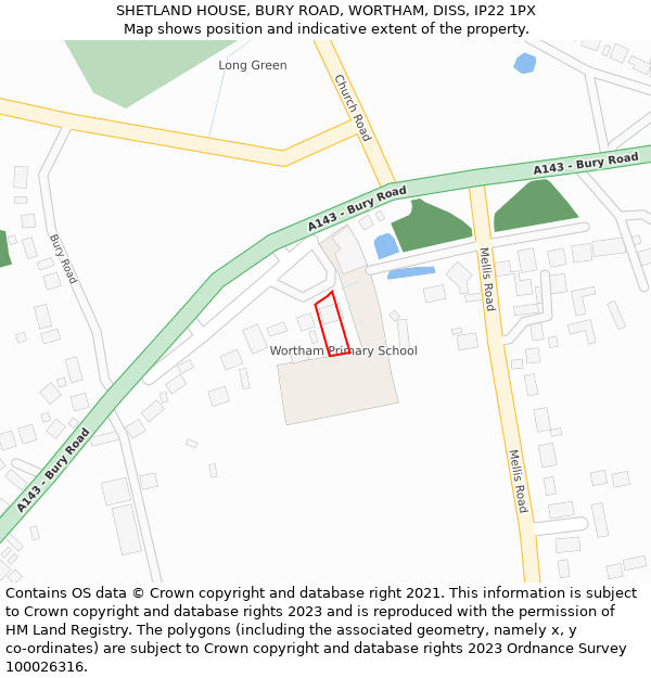 SHETLAND HOUSE, BURY ROAD, WORTHAM, DISS, IP22 1PX: Location map and indicative extent of plot