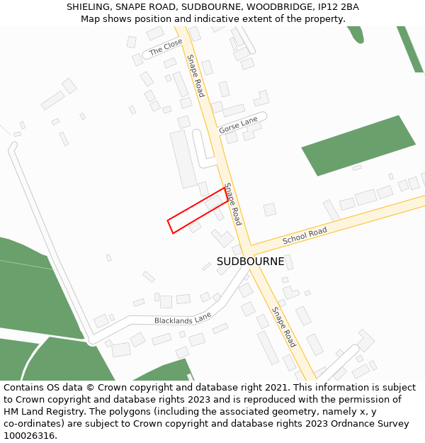 SHIELING, SNAPE ROAD, SUDBOURNE, WOODBRIDGE, IP12 2BA: Location map and indicative extent of plot