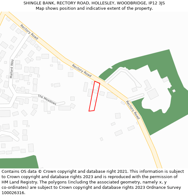 SHINGLE BANK, RECTORY ROAD, HOLLESLEY, WOODBRIDGE, IP12 3JS: Location map and indicative extent of plot