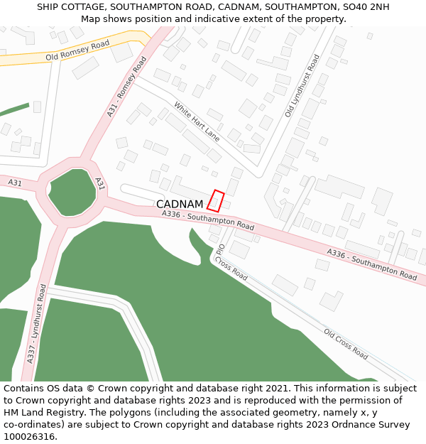 SHIP COTTAGE, SOUTHAMPTON ROAD, CADNAM, SOUTHAMPTON, SO40 2NH: Location map and indicative extent of plot