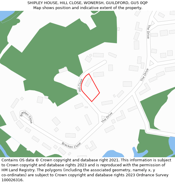 SHIPLEY HOUSE, HILL CLOSE, WONERSH, GUILDFORD, GU5 0QP: Location map and indicative extent of plot