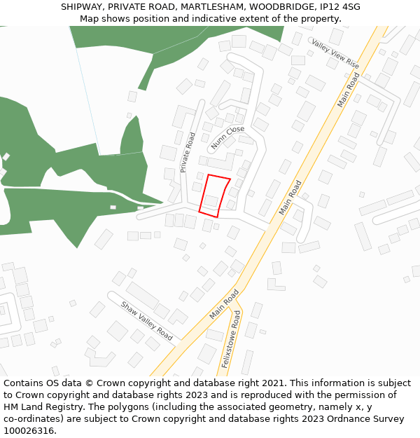 SHIPWAY, PRIVATE ROAD, MARTLESHAM, WOODBRIDGE, IP12 4SG: Location map and indicative extent of plot