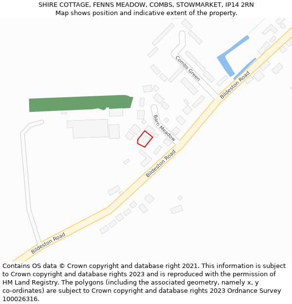 SHIRE COTTAGE, FENNS MEADOW, COMBS, STOWMARKET, IP14 2RN: Location map and indicative extent of plot