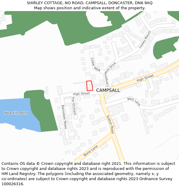 SHIRLEY COTTAGE, NO ROAD, CAMPSALL, DONCASTER, DN6 9AQ: Location map and indicative extent of plot