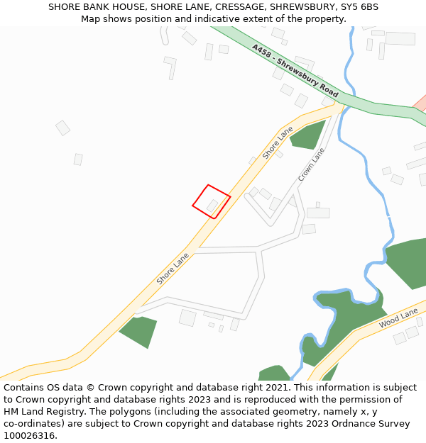 SHORE BANK HOUSE, SHORE LANE, CRESSAGE, SHREWSBURY, SY5 6BS: Location map and indicative extent of plot