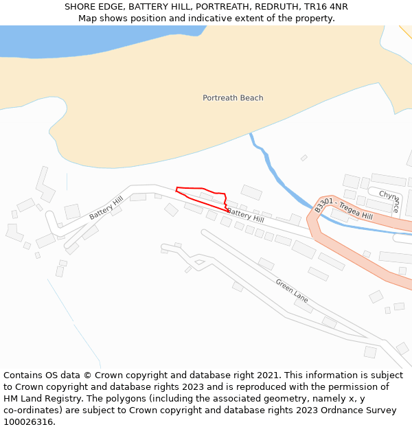 SHORE EDGE, BATTERY HILL, PORTREATH, REDRUTH, TR16 4NR: Location map and indicative extent of plot