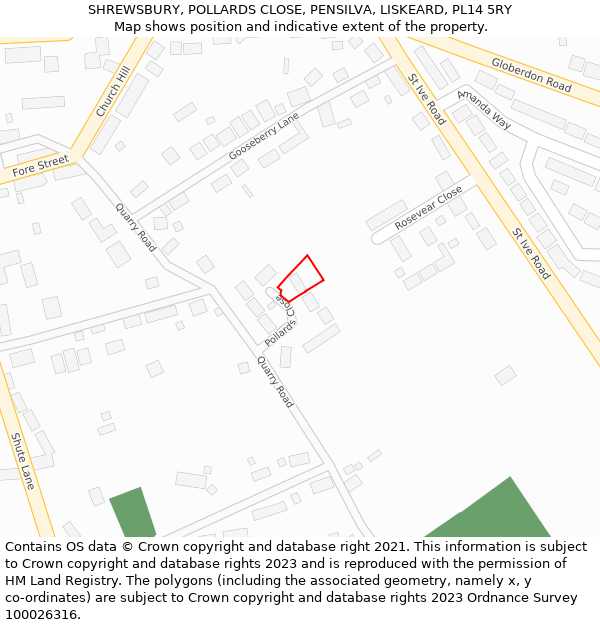 SHREWSBURY, POLLARDS CLOSE, PENSILVA, LISKEARD, PL14 5RY: Location map and indicative extent of plot