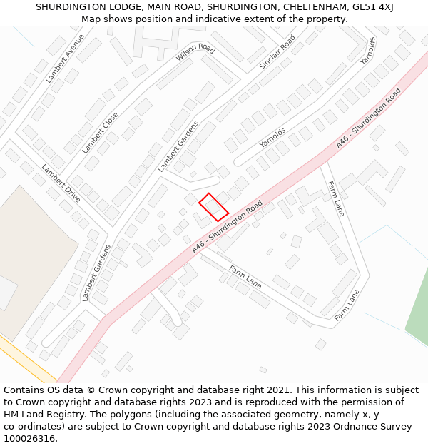 SHURDINGTON LODGE, MAIN ROAD, SHURDINGTON, CHELTENHAM, GL51 4XJ: Location map and indicative extent of plot