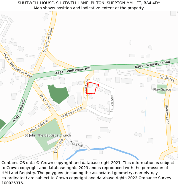 SHUTWELL HOUSE, SHUTWELL LANE, PILTON, SHEPTON MALLET, BA4 4DY: Location map and indicative extent of plot