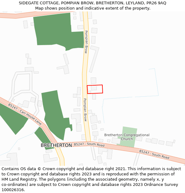 SIDEGATE COTTAGE, POMPIAN BROW, BRETHERTON, LEYLAND, PR26 9AQ: Location map and indicative extent of plot