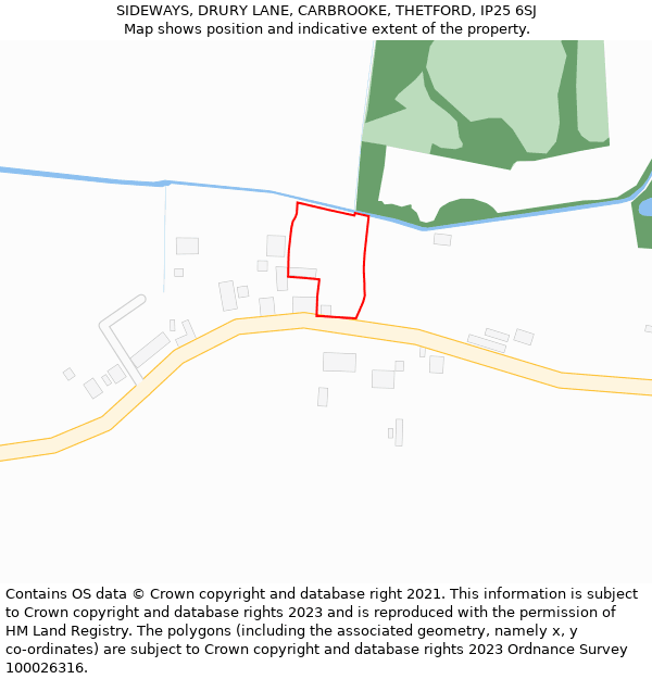 SIDEWAYS, DRURY LANE, CARBROOKE, THETFORD, IP25 6SJ: Location map and indicative extent of plot