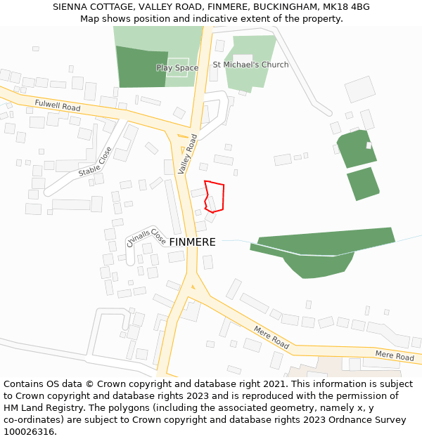 SIENNA COTTAGE, VALLEY ROAD, FINMERE, BUCKINGHAM, MK18 4BG: Location map and indicative extent of plot