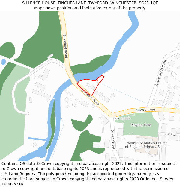 SILLENCE HOUSE, FINCHES LANE, TWYFORD, WINCHESTER, SO21 1QE: Location map and indicative extent of plot