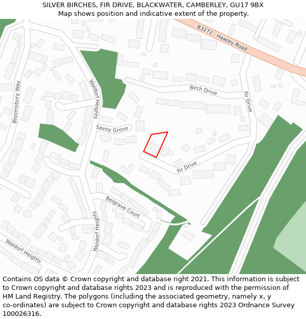 SILVER BIRCHES, FIR DRIVE, BLACKWATER, CAMBERLEY, GU17 9BX: Location map and indicative extent of plot