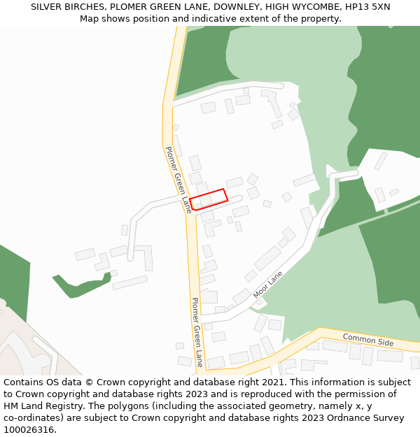 SILVER BIRCHES, PLOMER GREEN LANE, DOWNLEY, HIGH WYCOMBE, HP13 5XN: Location map and indicative extent of plot