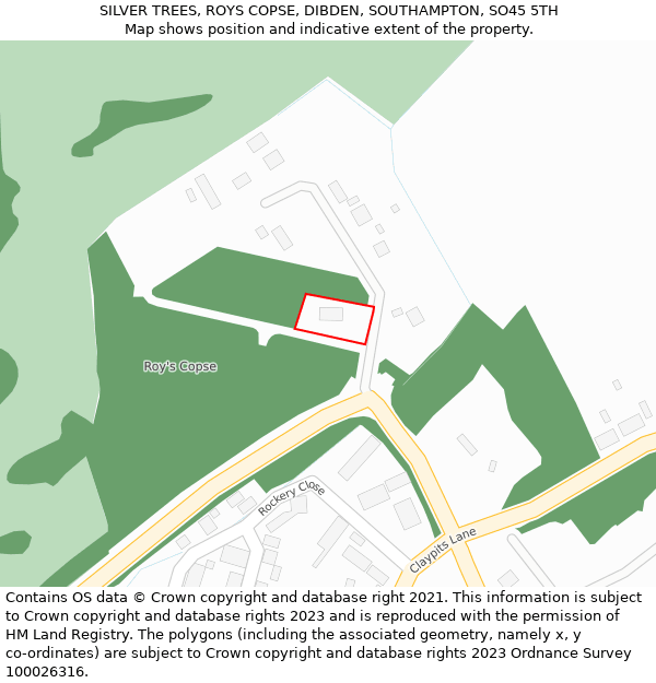 SILVER TREES, ROYS COPSE, DIBDEN, SOUTHAMPTON, SO45 5TH: Location map and indicative extent of plot