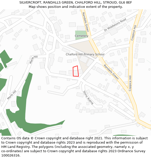 SILVERCROFT, RANDALLS GREEN, CHALFORD HILL, STROUD, GL6 8EF: Location map and indicative extent of plot