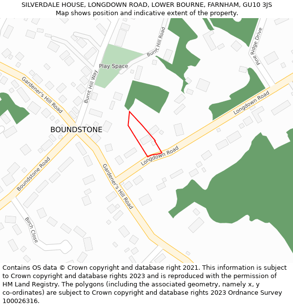 SILVERDALE HOUSE, LONGDOWN ROAD, LOWER BOURNE, FARNHAM, GU10 3JS: Location map and indicative extent of plot