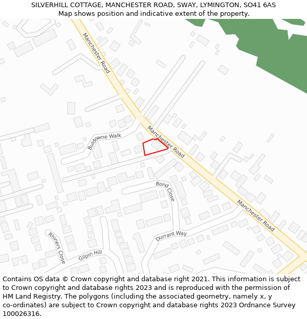 SILVERHILL COTTAGE, MANCHESTER ROAD, SWAY, LYMINGTON, SO41 6AS: Location map and indicative extent of plot