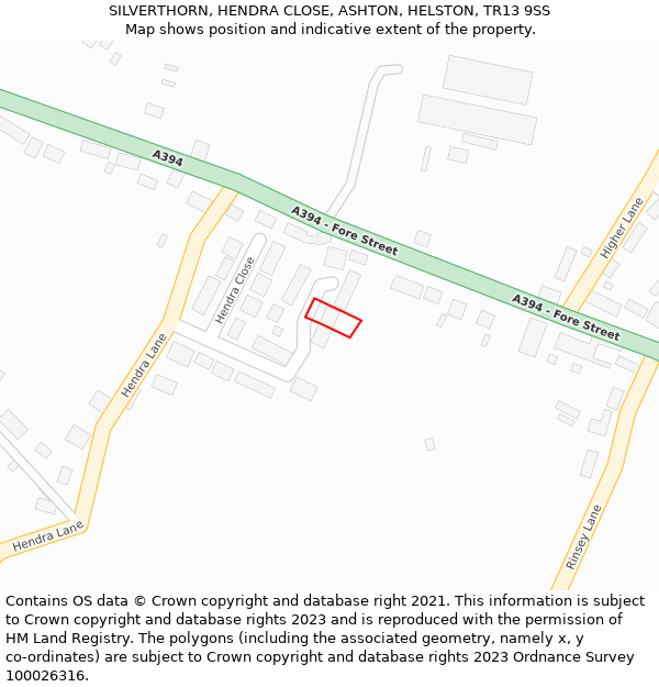 SILVERTHORN, HENDRA CLOSE, ASHTON, HELSTON, TR13 9SS: Location map and indicative extent of plot