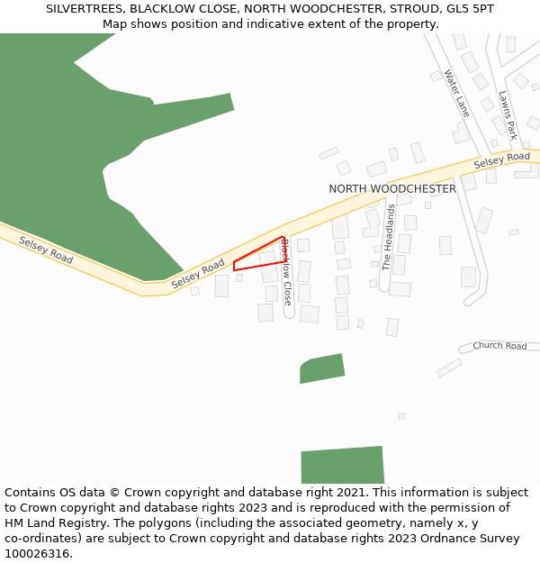 SILVERTREES, BLACKLOW CLOSE, NORTH WOODCHESTER, STROUD, GL5 5PT: Location map and indicative extent of plot