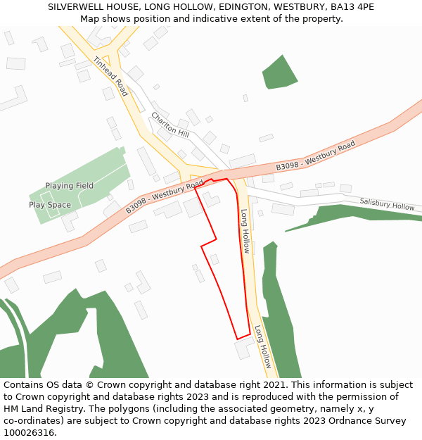 SILVERWELL HOUSE, LONG HOLLOW, EDINGTON, WESTBURY, BA13 4PE: Location map and indicative extent of plot