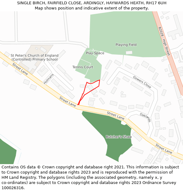 SINGLE BIRCH, FAIRFIELD CLOSE, ARDINGLY, HAYWARDS HEATH, RH17 6UH: Location map and indicative extent of plot