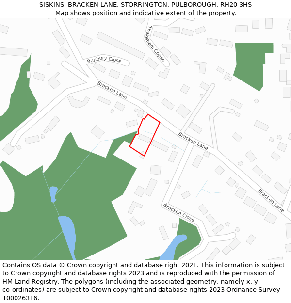 SISKINS, BRACKEN LANE, STORRINGTON, PULBOROUGH, RH20 3HS: Location map and indicative extent of plot