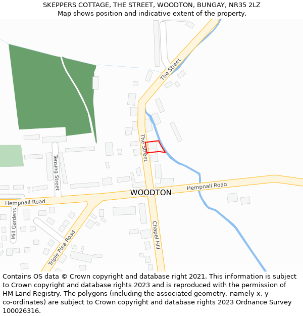 SKEPPERS COTTAGE, THE STREET, WOODTON, BUNGAY, NR35 2LZ: Location map and indicative extent of plot