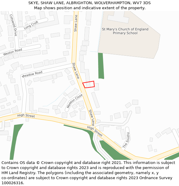 SKYE, SHAW LANE, ALBRIGHTON, WOLVERHAMPTON, WV7 3DS: Location map and indicative extent of plot