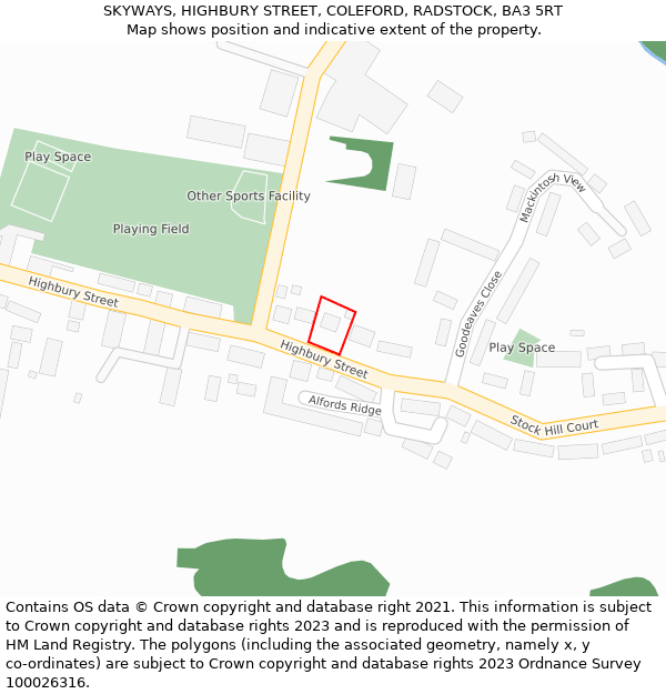 SKYWAYS, HIGHBURY STREET, COLEFORD, RADSTOCK, BA3 5RT: Location map and indicative extent of plot