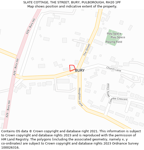 SLATE COTTAGE, THE STREET, BURY, PULBOROUGH, RH20 1PF: Location map and indicative extent of plot