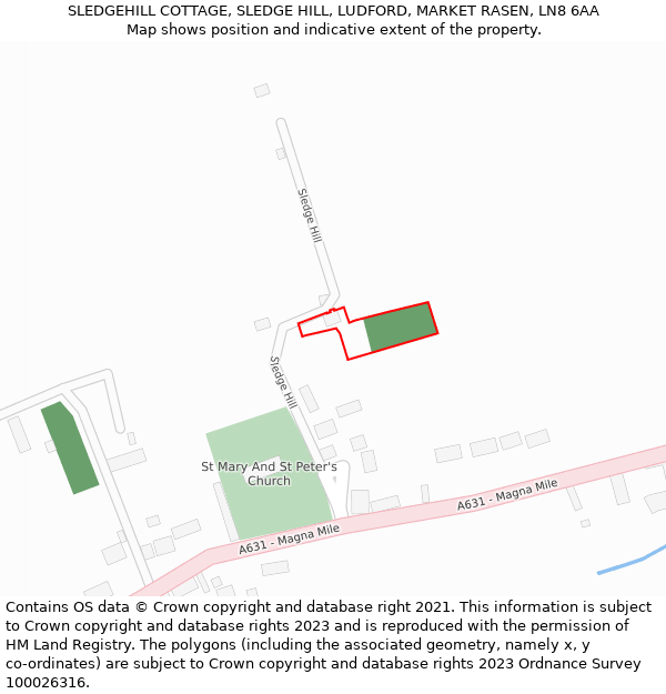 SLEDGEHILL COTTAGE, SLEDGE HILL, LUDFORD, MARKET RASEN, LN8 6AA: Location map and indicative extent of plot