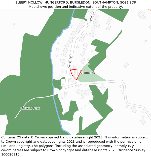 SLEEPY HOLLOW, HUNGERFORD, BURSLEDON, SOUTHAMPTON, SO31 8DF: Location map and indicative extent of plot