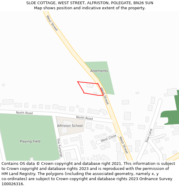 SLOE COTTAGE, WEST STREET, ALFRISTON, POLEGATE, BN26 5UN: Location map and indicative extent of plot