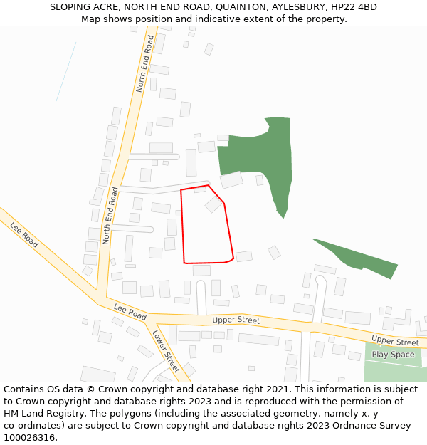 SLOPING ACRE, NORTH END ROAD, QUAINTON, AYLESBURY, HP22 4BD: Location map and indicative extent of plot