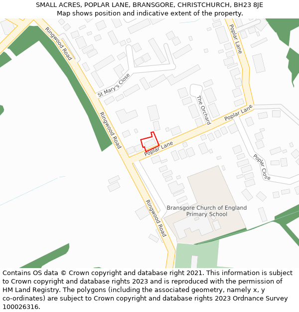 SMALL ACRES, POPLAR LANE, BRANSGORE, CHRISTCHURCH, BH23 8JE: Location map and indicative extent of plot