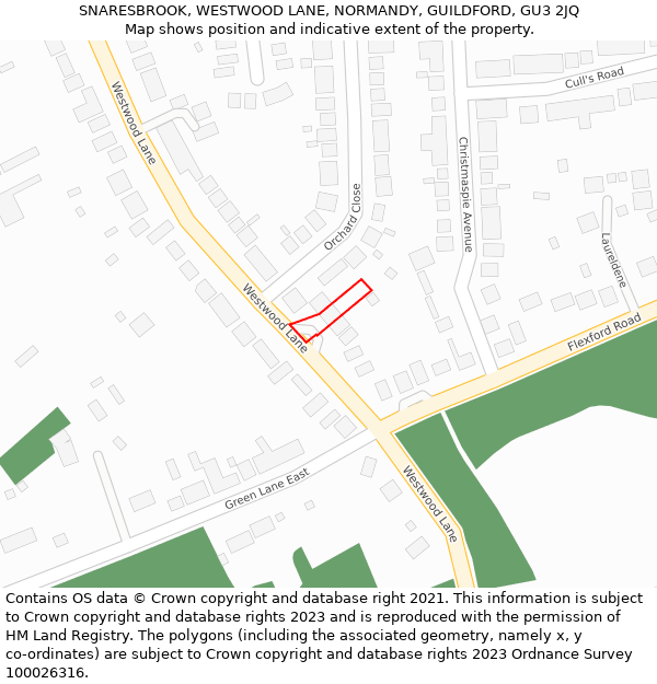 SNARESBROOK, WESTWOOD LANE, NORMANDY, GUILDFORD, GU3 2JQ: Location map and indicative extent of plot