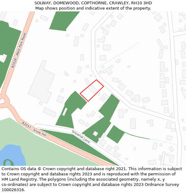 SOLWAY, DOMEWOOD, COPTHORNE, CRAWLEY, RH10 3HD: Location map and indicative extent of plot