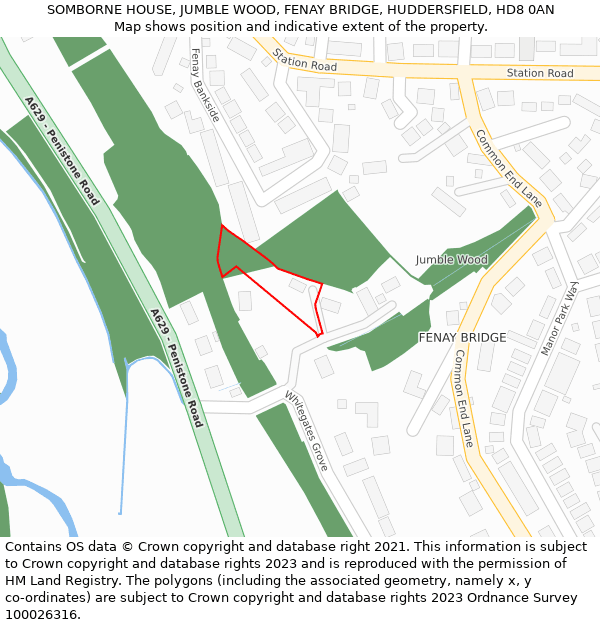 SOMBORNE HOUSE, JUMBLE WOOD, FENAY BRIDGE, HUDDERSFIELD, HD8 0AN: Location map and indicative extent of plot