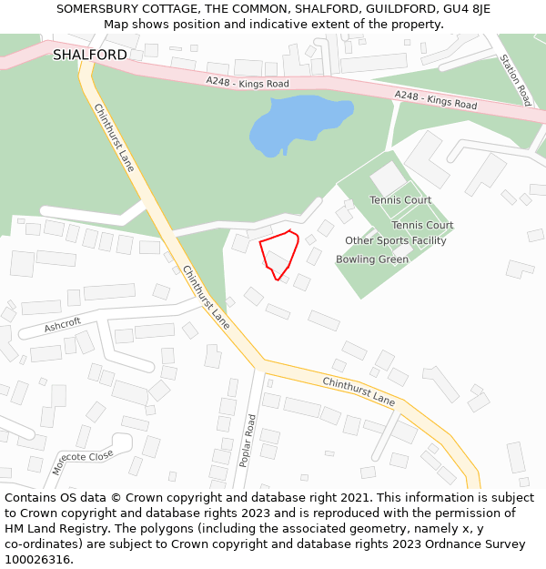 SOMERSBURY COTTAGE, THE COMMON, SHALFORD, GUILDFORD, GU4 8JE: Location map and indicative extent of plot