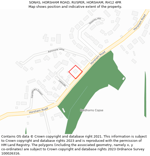 SONAS, HORSHAM ROAD, RUSPER, HORSHAM, RH12 4PR: Location map and indicative extent of plot