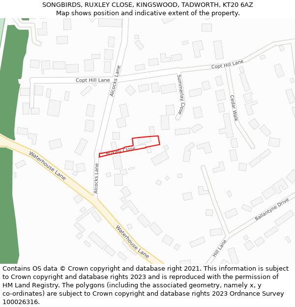 SONGBIRDS, RUXLEY CLOSE, KINGSWOOD, TADWORTH, KT20 6AZ: Location map and indicative extent of plot