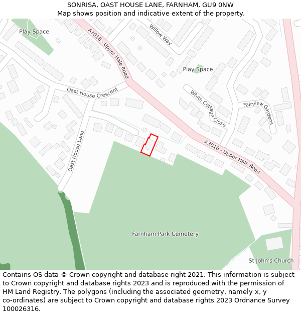 SONRISA, OAST HOUSE LANE, FARNHAM, GU9 0NW: Location map and indicative extent of plot