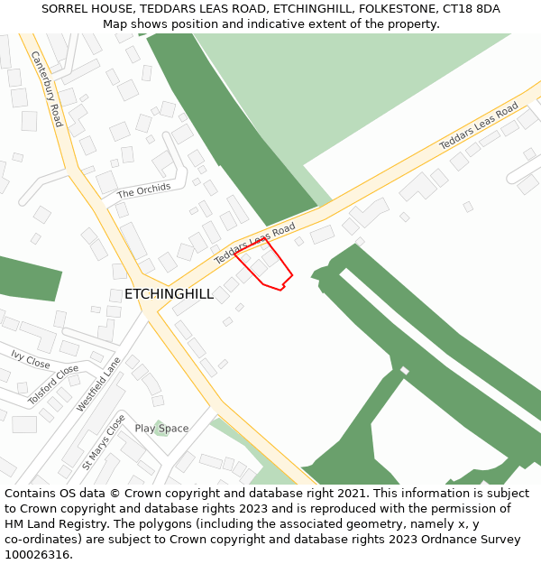 SORREL HOUSE, TEDDARS LEAS ROAD, ETCHINGHILL, FOLKESTONE, CT18 8DA: Location map and indicative extent of plot