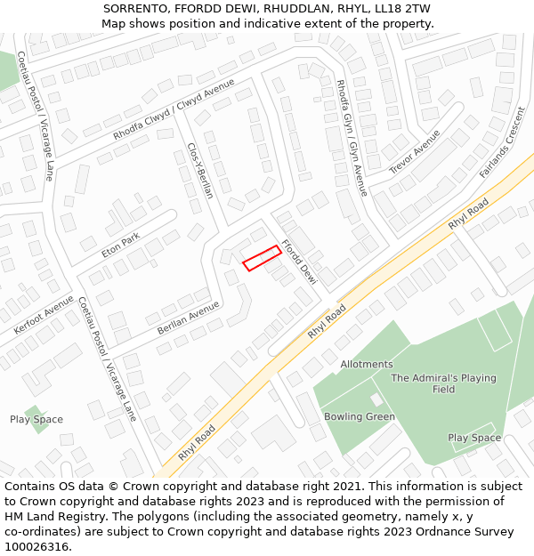 SORRENTO, FFORDD DEWI, RHUDDLAN, RHYL, LL18 2TW: Location map and indicative extent of plot