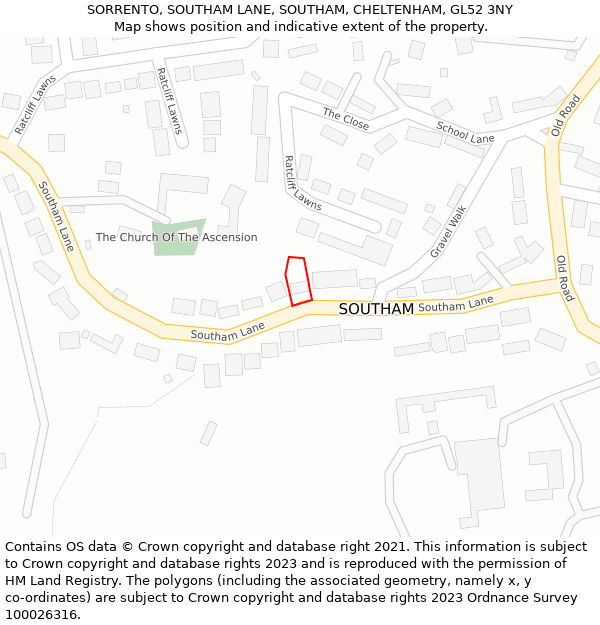 SORRENTO, SOUTHAM LANE, SOUTHAM, CHELTENHAM, GL52 3NY: Location map and indicative extent of plot